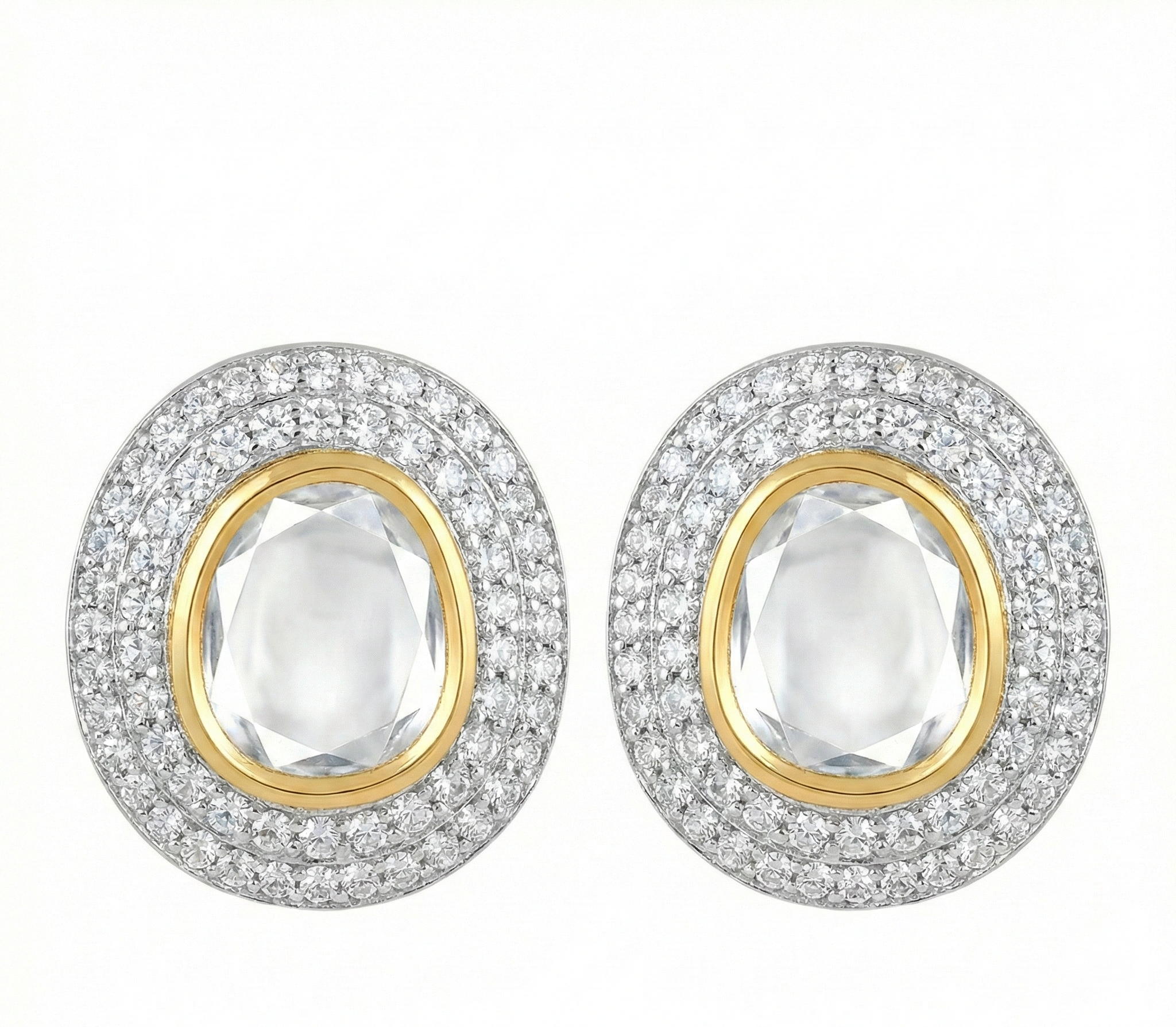 RITZ ART'S Two Tone Oval Cut Cubic Zirconia Stud Earrings,Double Halo Bezel Set Simulated Diamond Earrings for Women - Hypoallergenic Anti-Tarnish Stainless Steel silver Jewelry & Water Resistant.