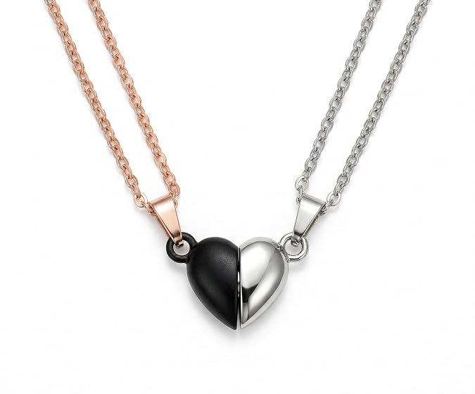 RITZ ART'S Magnetic Friendship Necklaces for 2 - Matching Half Heart Pendants- Magnetic Split Heart Couple Pendant Necklace Set, Rose Gold and Silver Chain, 2 Pieces (Matte Black & Polished Silver)